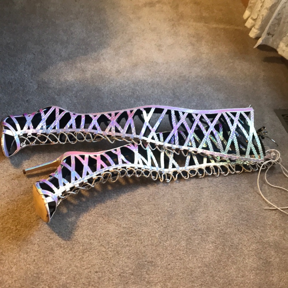 Thigh high holographic boots